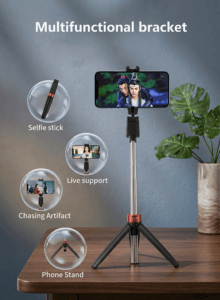 Black Selfie Stick with Tripod Stand - 3-in-1 Bluetooth Remote Control
