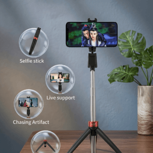 Black Selfie Stick with Tripod Stand - 3-in-1 Bluetooth Remote Control