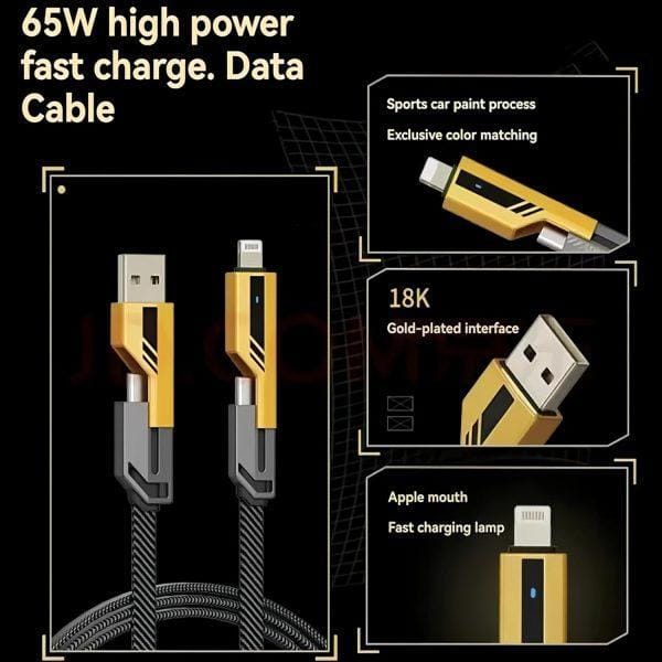 ​Ultimate 4-in-1 Charging Cable: 65W PD Fast Charging Multi Connector Data Cable (Golden) - Image 5