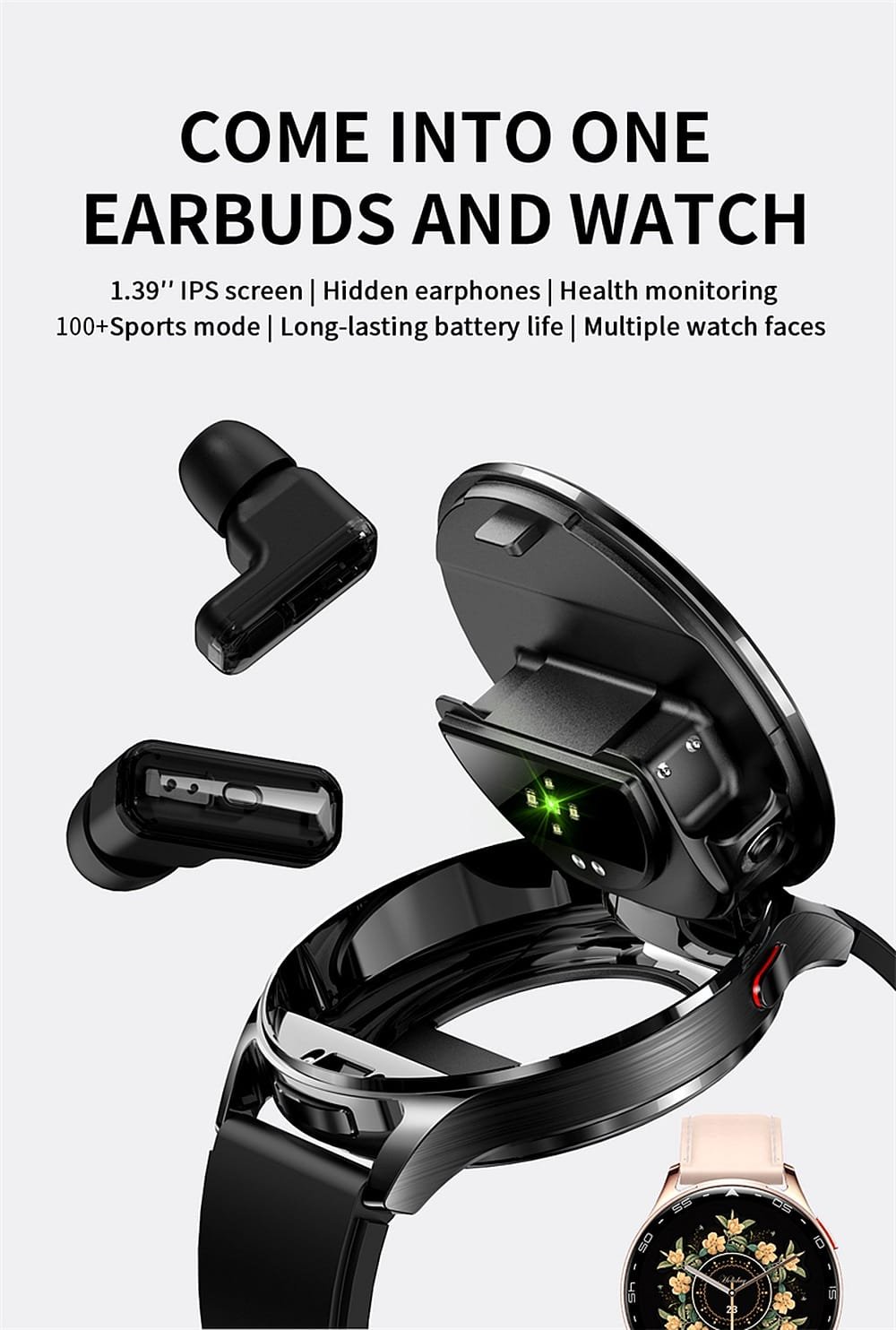 2 in 1 smartwatch with hidden earbuds exploded view