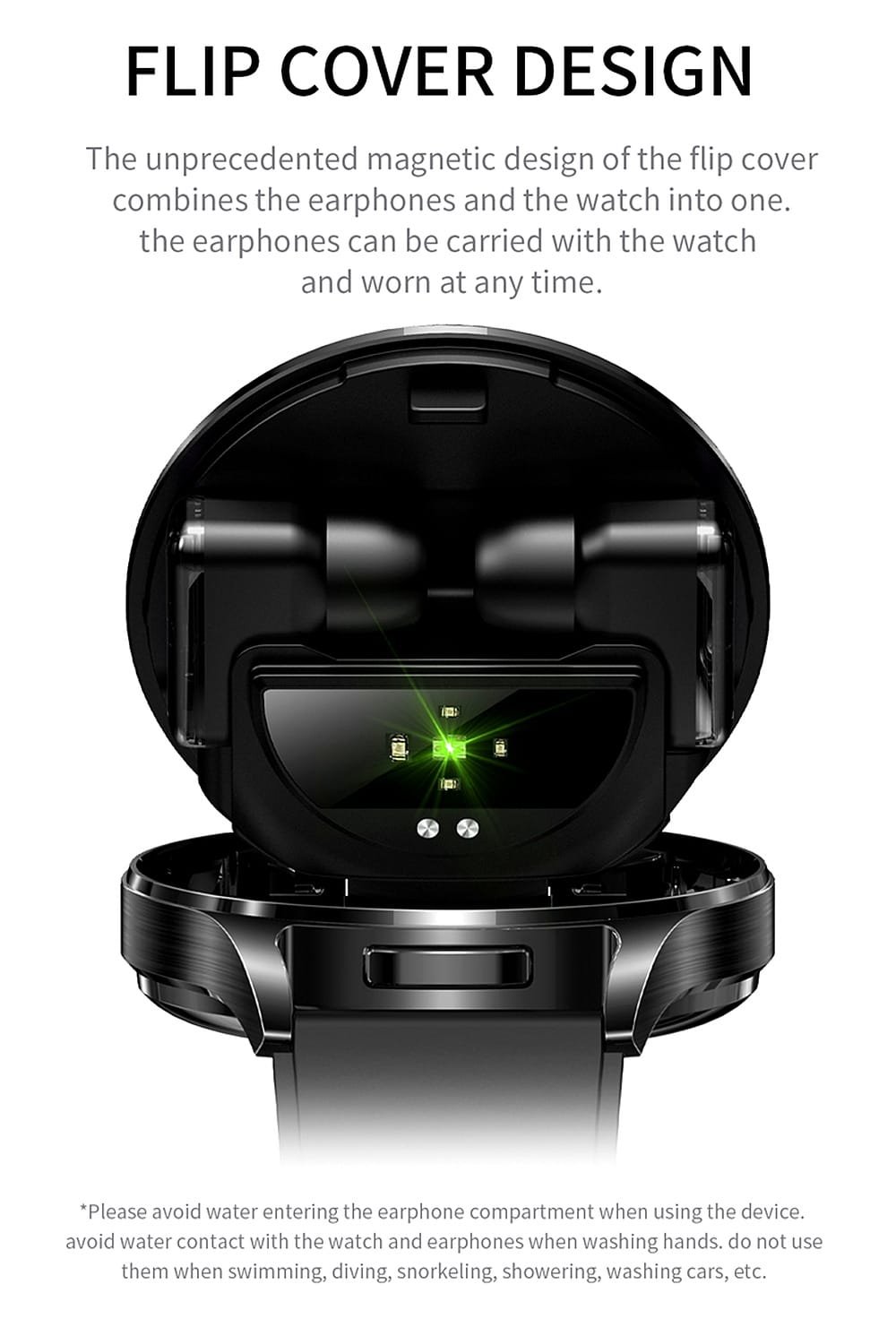 Smartwatch with earbuds flip cover design open