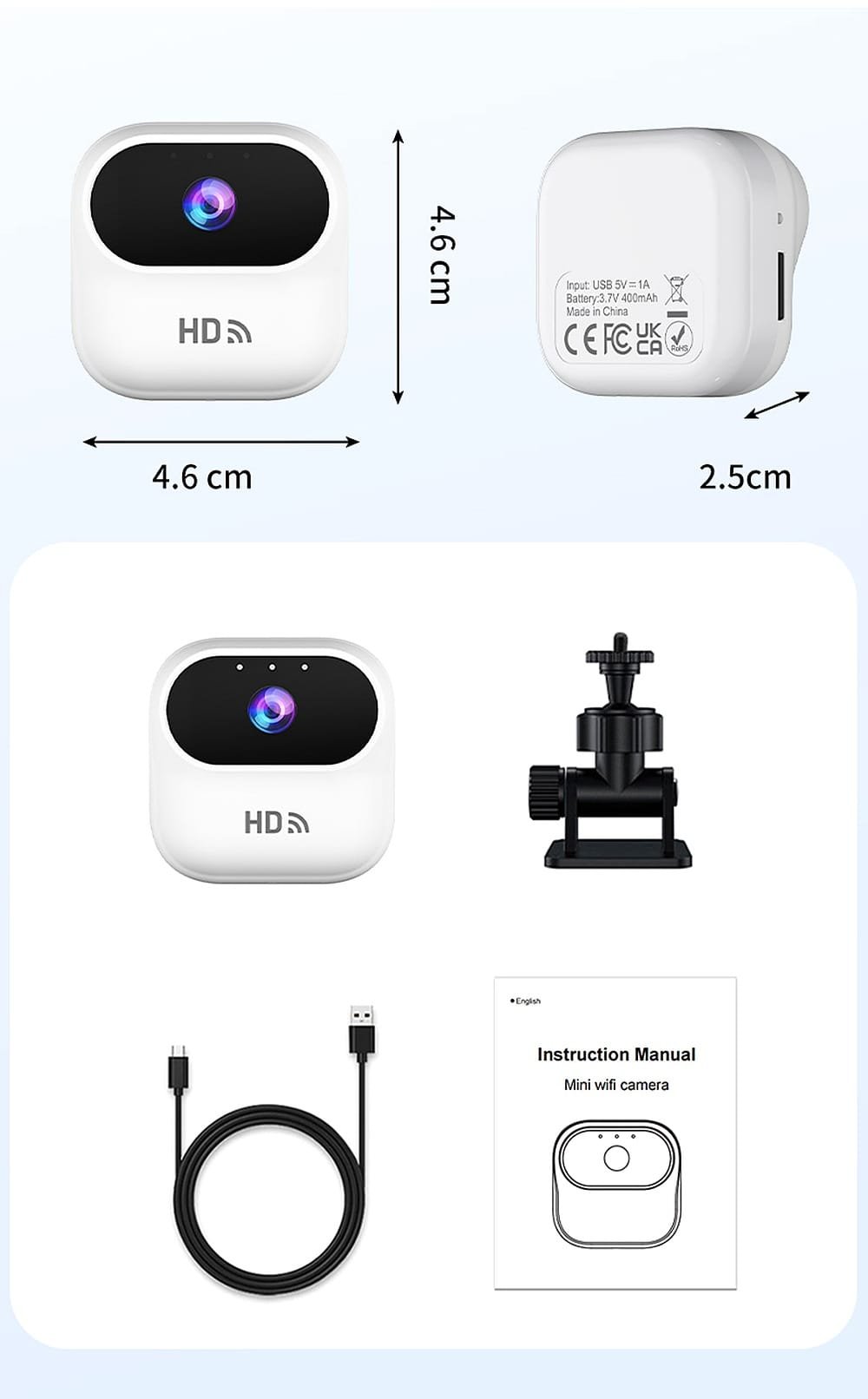 Ourlife A800 mini WiFi camera box contents with mount and cable