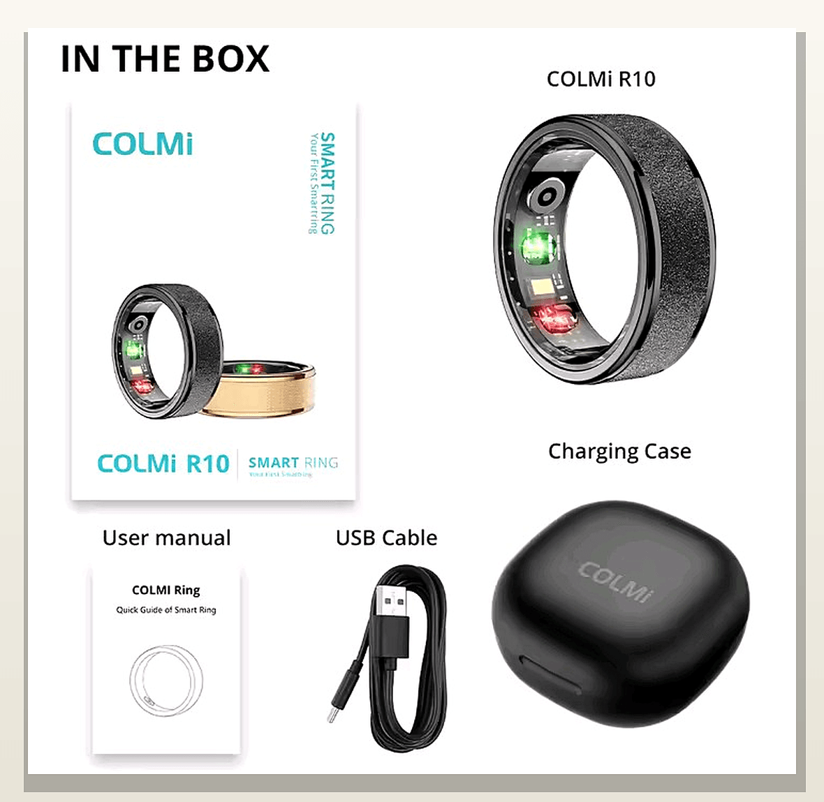 COLMi R10 unboxing - ring, charging case, USB cable and manual
