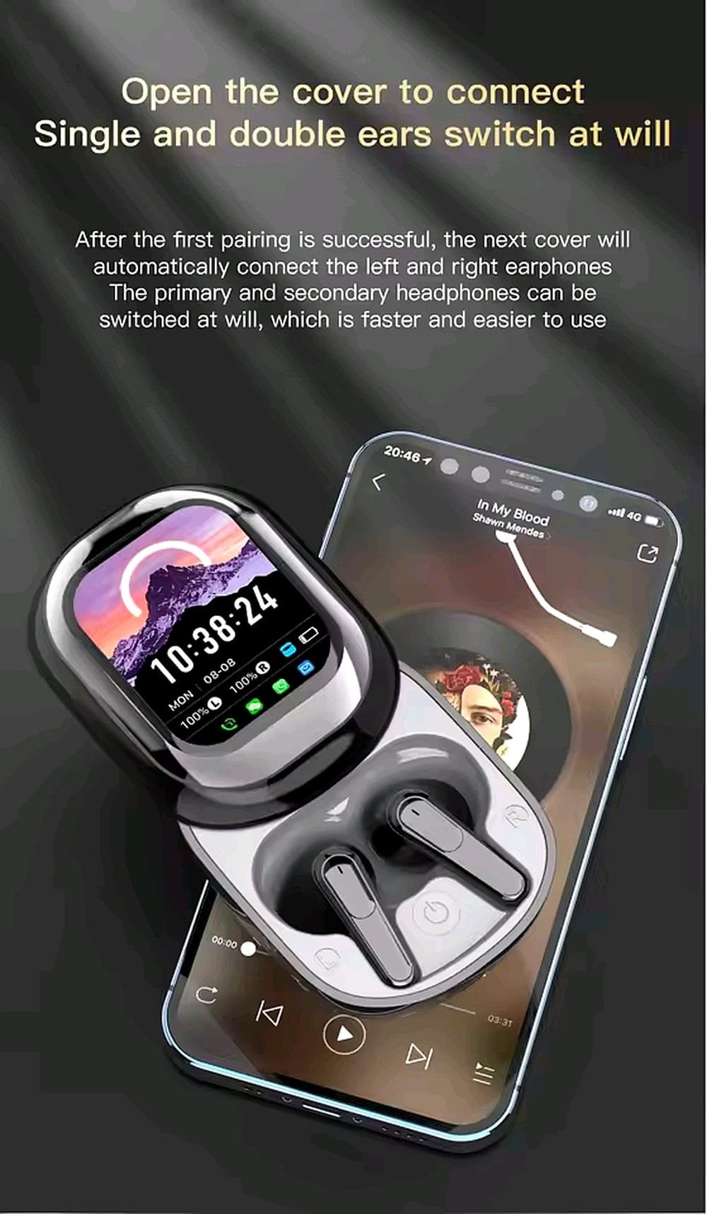 SE-ONE smart touchscreen earbuds syncing with a smartphone