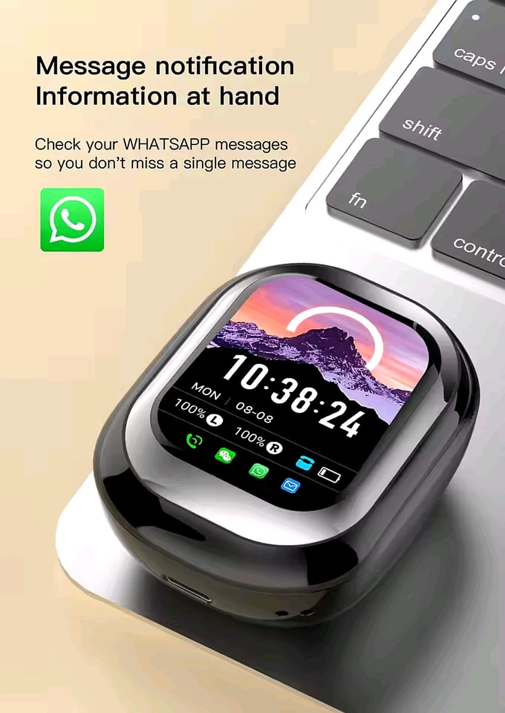 SE-ONE smart touchscreen earbuds showing WhatsApp notification