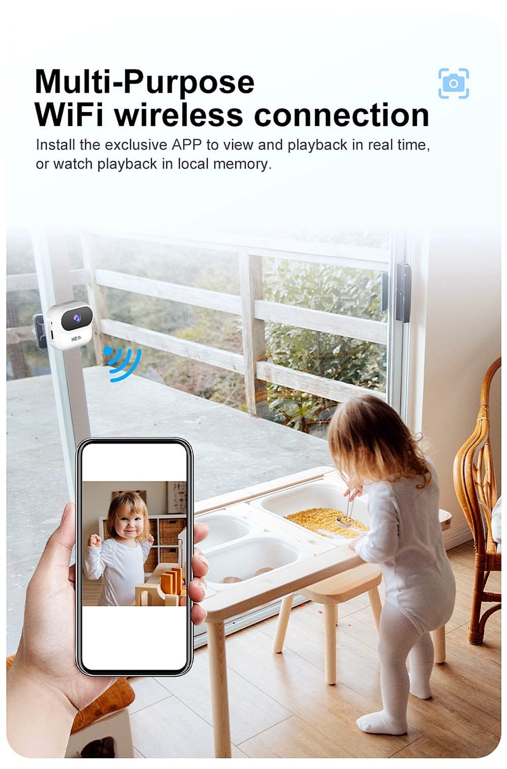 Ourlife A800 mini WiFi camera monitoring a room via app on phone