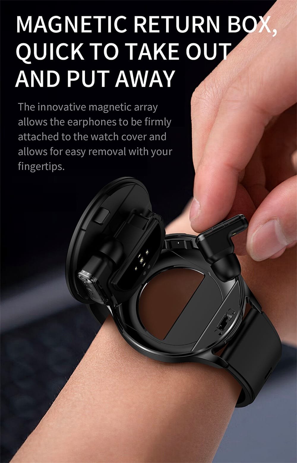 Person wearing 2 in 1 smartwatch with earbuds on wrist